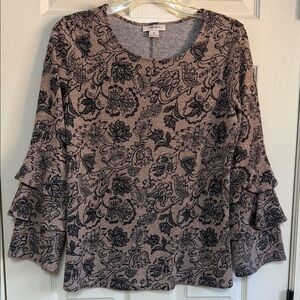 Style & Co. Brown and Black Floral Ruffle Sleeve Blouse